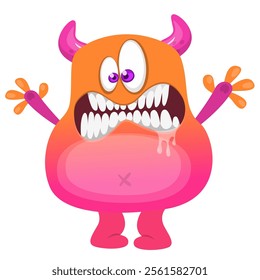 Cartoon cute monster with funny excited face expression waving hands . Vector illustration isolated Halloween design