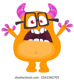 Cartoon cute monster with funny excited face expression waving hands . Vector illustration isolated Halloween design