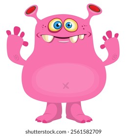 Cartoon cute monster with funny excited face expression waving hands . Vector illustration isolated Halloween design