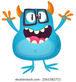 Cartoon cute monster with funny excited face expression waving hands . Vector illustration isolated Halloween design