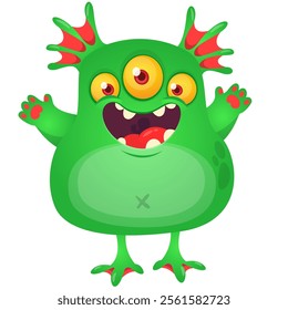 Cartoon cute monster with funny excited face expression waving hands . Vector illustration isolated Halloween design