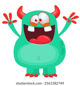 Cartoon cute monster with funny excited face expression waving hands . Vector illustration isolated Halloween design