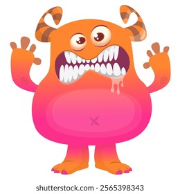 Cartoon cute monster with funny excited face expression waving hands . Vector illustration isolated Halloween design