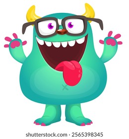 Cartoon cute monster with funny excited face expression waving hands . Vector illustration isolated Halloween design