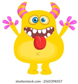 Cartoon cute monster with funny excited face expression waving hands . Vector illustration isolated Halloween design