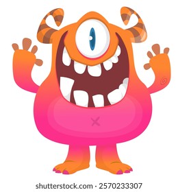 Cartoon cute monster with funny excited face expression waving hands . Vector illustration isolated Halloween design