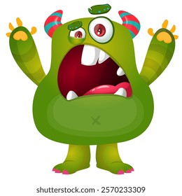 Cartoon cute monster with funny excited face expression waving hands . Vector illustration isolated Halloween design