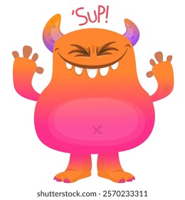 Cartoon cute monster with funny excited face expression waving hands . Vector illustration isolated Halloween design