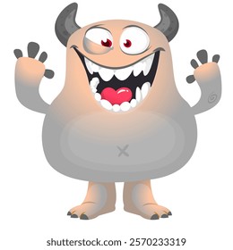 Cartoon cute monster with funny excited face expression waving hands . Vector illustration isolated Halloween design