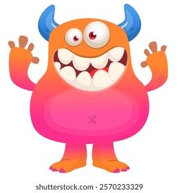 Cartoon cute monster with funny excited face expression waving hands . Vector illustration isolated Halloween design