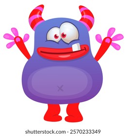 Cartoon cute monster with funny excited face expression waving hands . Vector illustration isolated Halloween design