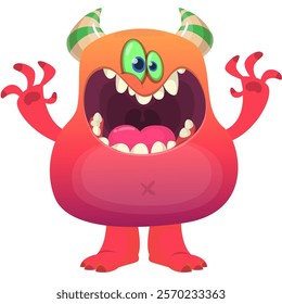 Cartoon cute monster with funny excited face expression waving hands . Vector illustration isolated Halloween design