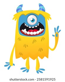 Cartoon cute monster with funny excited face expression waving hands . Vector illustration isolated Halloween design