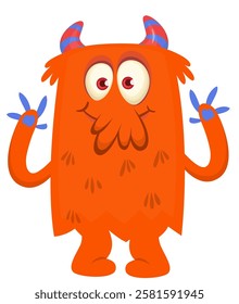 Cartoon cute monster with funny excited face expression waving hands . Vector illustration isolated Halloween design