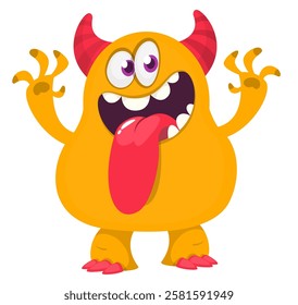 Cartoon cute monster with funny excited face expression waving hands . Vector illustration isolated Halloween design