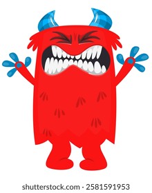 Cartoon cute monster with funny excited face expression waving hands . Vector illustration isolated Halloween design