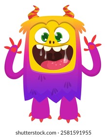 Cartoon cute monster with funny excited face expression waving hands . Vector illustration isolated Halloween design