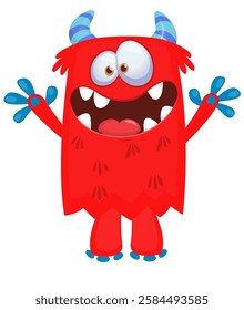 Cartoon cute monster with funny excited face expression waving hands . Vector illustration isolated Halloween design