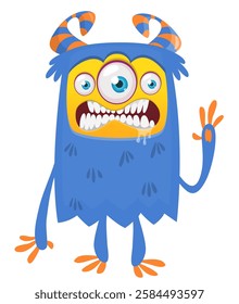 Cartoon cute monster with funny excited face expression waving hands . Vector illustration isolated Halloween design