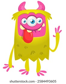 Cartoon cute monster with funny excited face expression waving hands . Vector illustration isolated Halloween design