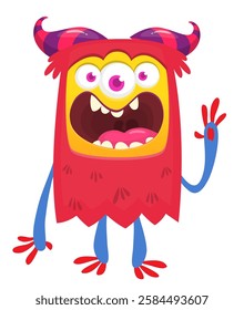 Cartoon cute monster with funny excited face expression waving hands . Vector illustration isolated Halloween design
