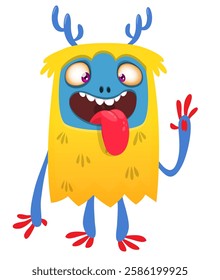 Cartoon cute monster with funny excited face expression waving hands . Vector illustration isolated Halloween design