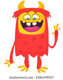Cartoon cute monster with funny excited face expression waving hands . Vector illustration isolated Halloween design