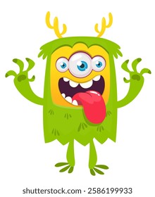 Cartoon cute monster with funny excited face expression waving hands . Vector illustration isolated Halloween design