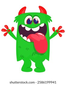 Cartoon cute monster with funny excited face expression waving hands . Vector illustration isolated Halloween design