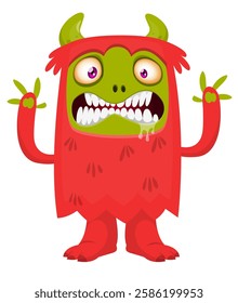 Cartoon cute monster with funny excited face expression waving hands . Vector illustration isolated Halloween design