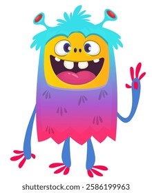 Cartoon cute monster with funny excited face expression waving hands . Vector illustration isolated Halloween design