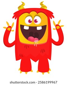 Cartoon cute monster with funny excited face expression waving hands . Vector illustration isolated Halloween design