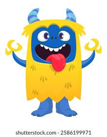 Cartoon cute monster with funny excited face expression waving hands . Vector illustration isolated Halloween design