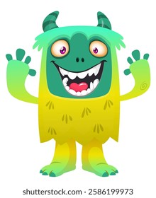 Cartoon cute monster with funny excited face expression waving hands . Vector illustration isolated Halloween design