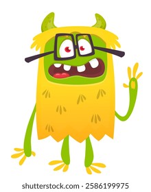 Cartoon cute monster with funny excited face expression waving hands . Vector illustration isolated Halloween design