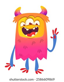 Cartoon cute monster with funny excited face expression waving hands . Vector illustration isolated Halloween design