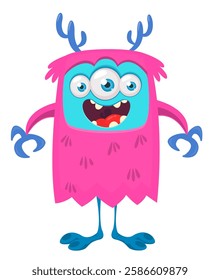 Cartoon cute monster with funny excited face expression waving hands . Vector illustration isolated Halloween design