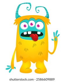 Cartoon cute monster with funny excited face expression waving hands . Vector illustration isolated Halloween design