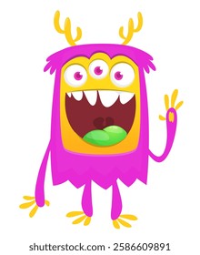 Cartoon cute monster with funny excited face expression waving hands . Vector illustration isolated Halloween design