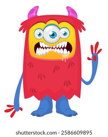 Cartoon cute monster with funny excited face expression waving hands . Vector illustration isolated Halloween design