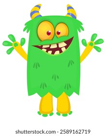 Cartoon cute monster with funny excited face expression waving hands . Vector illustration isolated Halloween design