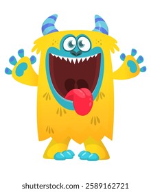 Cartoon cute monster with funny excited face expression waving hands . Vector illustration isolated Halloween design