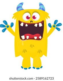 Cartoon cute monster with funny excited face expression waving hands . Vector illustration isolated Halloween design