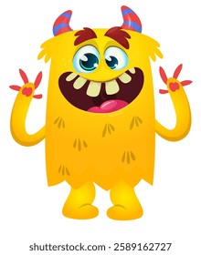 Cartoon cute monster with funny excited face expression waving hands . Vector illustration isolated Halloween design