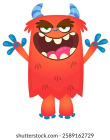 Cartoon cute monster with funny excited face expression waving hands . Vector illustration isolated Halloween design