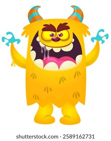 Cartoon cute monster with funny excited face expression waving hands . Vector illustration isolated Halloween design