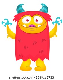 Cartoon cute monster with funny excited face expression waving hands . Vector illustration isolated Halloween design