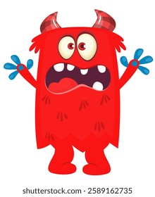 Cartoon cute monster with funny excited face expression waving hands . Vector illustration isolated Halloween design