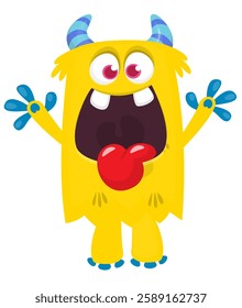 Cartoon cute monster with funny excited face expression waving hands . Vector illustration isolated Halloween design