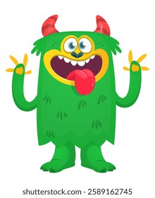 Cartoon cute monster with funny excited face expression waving hands . Vector illustration isolated Halloween design